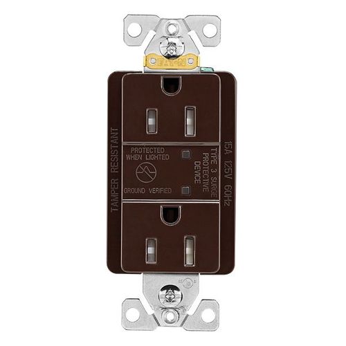 Main product image of Tvss Receptacle, Led Indicat, #14-#10 Awg 15A, Bk & Sd Wire, 840J, 2 Recept, Brown, TR5260BS-SP-L