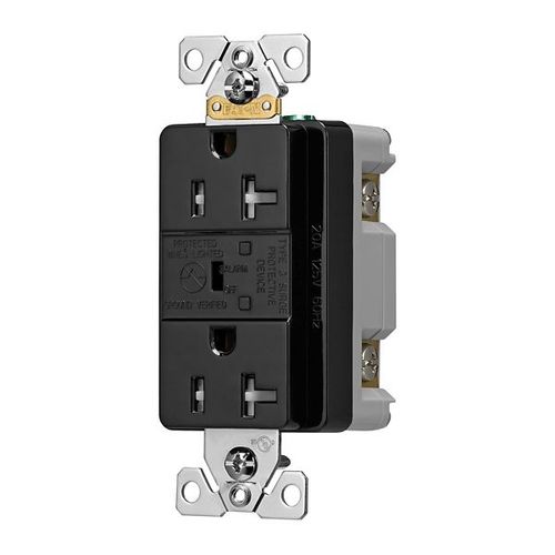 Main product image of Tvss Receptacle, Led Indicat & Alarm, #14-#10 Awg 20A, 840J, Black, Straight Blade, TR5362BKS