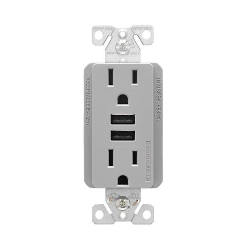 Main product image of Combination 3.6A Usb Charger With Duplex Receptacle, 15A, 125V, Gy, TR7765GY-BOX
