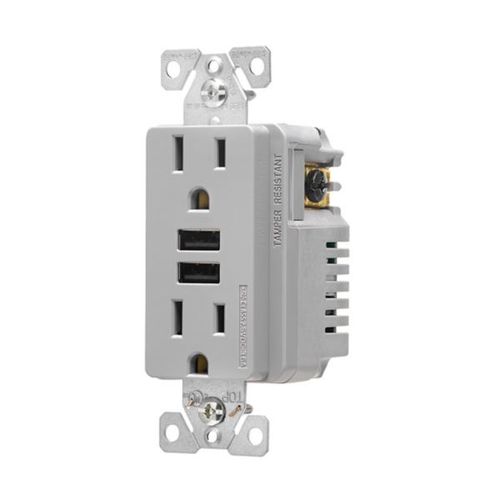 Main product image of Combination 3.6A Usb Charger With Duplex Receptacle, 15A, 125V, Gy, TR7765GY-BOX