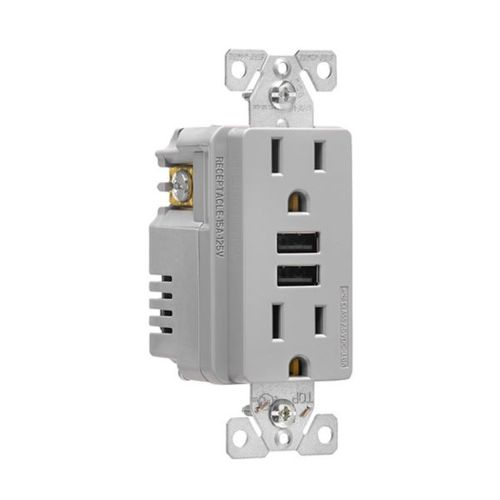 Main product image of Combination 3.6A Usb Charger With Duplex Receptacle, 15A, 125V, Gy, TR7765GY-BOX
