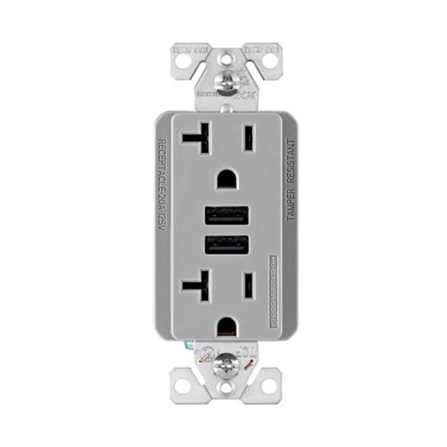 Main product image of Combination 3.6A Usb Charger With Duplex Receptacle, 20A, 125V, Gy, #12-14 Awg, TR7766GY-BOX