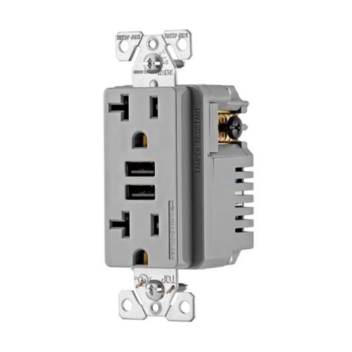 Main product image of Combination 3.6A Usb Charger With Duplex Receptacle, 20A, 125V, Gy, #12-14 Awg, TR7766GY-BOX