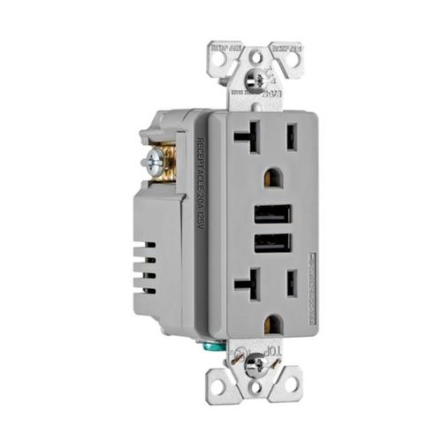 Main product image of Combination 3.6A Usb Charger With Duplex Receptacle, 20A, 125V, Gy, #12-14 Awg, TR7766GY-BOX