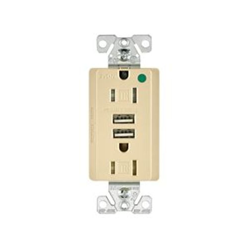 Main product image of Combo Usb Charger w/ Duplex Receptacle, 15A, Flush Mount, 125V, 5 Vdc, Ivory, 2-Pole 3-Wire, TR8255V