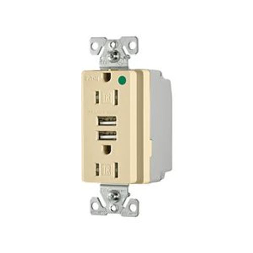 Main product image of Combo Usb Charger w/ Duplex Receptacle, 15A, Flush Mount, 125V, 5 Vdc, Ivory, 2-Pole 3-Wire, TR8255V