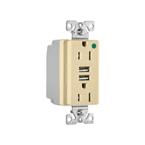 Main product image of Combo Usb Charger w/ Duplex Receptacle, 15A, Flush Mount, 125V, 5 Vdc, Ivory, 2-Pole 3-Wire, TR8255V