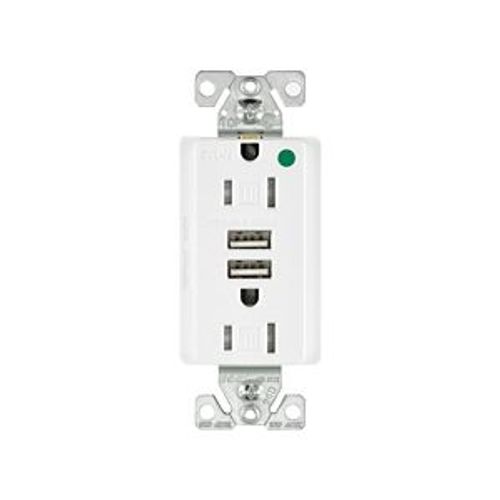 Main product image of Combo Usb Charger w/ Duplex Receptacle, 15A, Flush Mount, 125V, 5 Vdc, White, 2-Pole 3-Wire, TR8255W