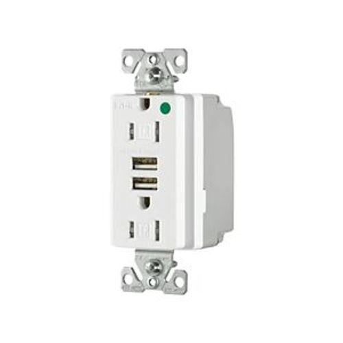 Main product image of Combo Usb Charger w/ Duplex Receptacle, 15A, Flush Mount, 125V, 5 Vdc, White, 2-Pole 3-Wire, TR8255W
