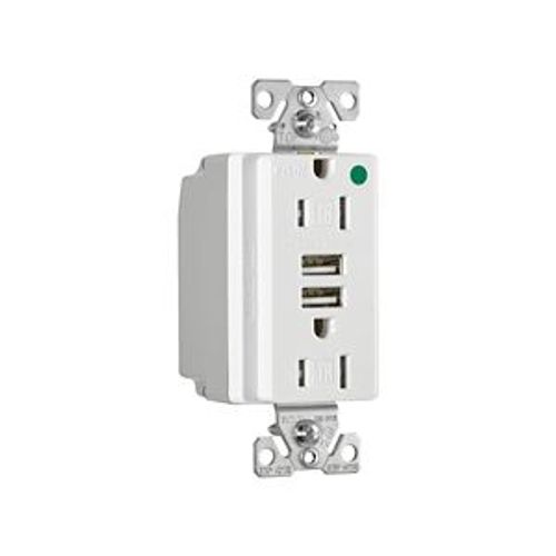 Main product image of Combo Usb Charger w/ Duplex Receptacle, 15A, Flush Mount, 125V, 5 Vdc, White, 2-Pole 3-Wire, TR8255W