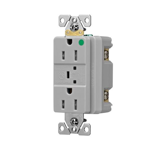 Main product image of Tvss Receptacle, Hg, Led Indicat & Alarm, #14-#10 Awg 15A, 840J, Gray, Straight Blade, TR8262GYS