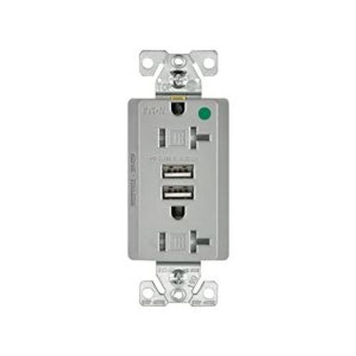 Main product image of Combo Usb Charger w/ Duplex Receptacle, 20A, Flush Mount 125V, 5 Vdc, Gray, 5-20R, 2-Pole 3-Wire, TR8355GY