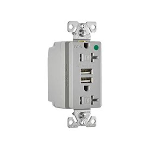 Main product image of Combo Usb Charger w/ Duplex Receptacle, 20A, Flush Mount 125V, 5 Vdc, Gray, 5-20R, 2-Pole 3-Wire, TR8355GY