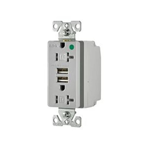 Main product image of Combo Usb Charger w/ Duplex Receptacle, 20A, Flush Mount 125V, 5 Vdc, Gray, 5-20R, 2-Pole 3-Wire, TR8355GY