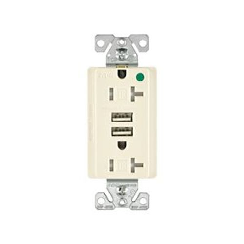 Main product image of Combo Usb Charger w/ Duplex Receptacle, 20A, Flush Mount 125V, 5 Vdc, Light Almond, 5-20R, TR8355LA
