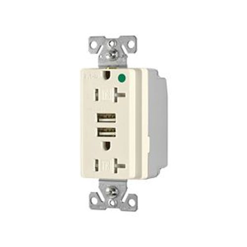 Main product image of Combo Usb Charger w/ Duplex Receptacle, 20A, Flush Mount 125V, 5 Vdc, Light Almond, 5-20R, TR8355LA
