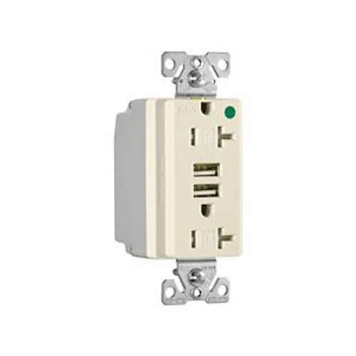 Main product image of Combo Usb Charger w/ Duplex Receptacle, 20A, Flush Mount 125V, 5 Vdc, Light Almond, 5-20R, TR8355LA