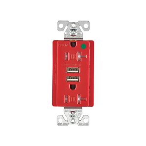Main product image of Combo Usb Charger w/ Duplex Receptacle, 20A, Flush Mount, 125V, 5 Vdc, Red, 5-20R, 2-Pole 3-Wire, TR8355RD