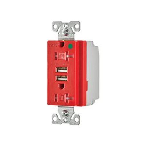 Main product image of Combo Usb Charger w/ Duplex Receptacle, 20A, Flush Mount, 125V, 5 Vdc, Red, 5-20R, 2-Pole 3-Wire, TR8355RD