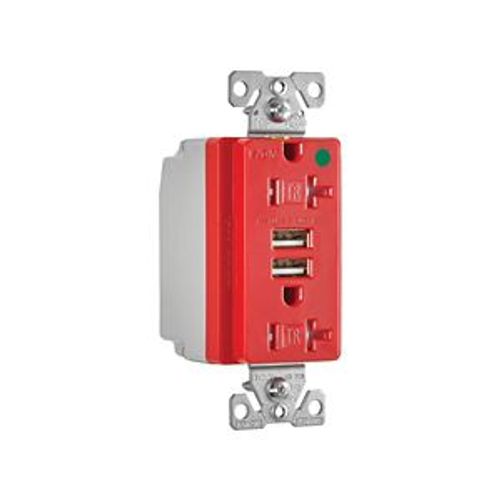 Main product image of Combo Usb Charger w/ Duplex Receptacle, 20A, Flush Mount, 125V, 5 Vdc, Red, 5-20R, 2-Pole 3-Wire, TR8355RD