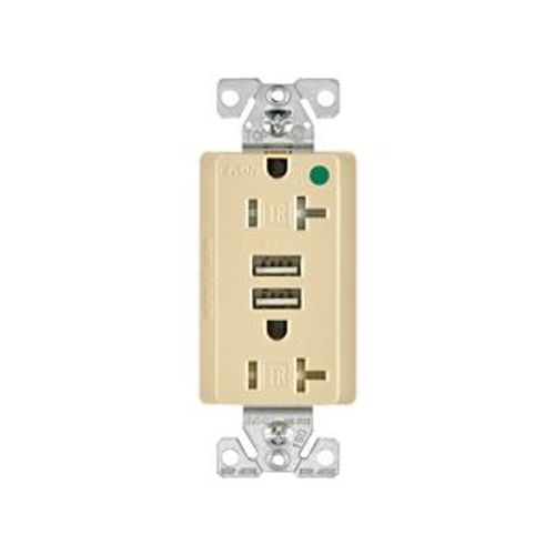Main product image of Combo Usb Charger w/ Duplex Receptacle, 20A, Flush Mount 125V, 5 Vdc, Ivory, 2-Pole 3-Wire, TR8355V