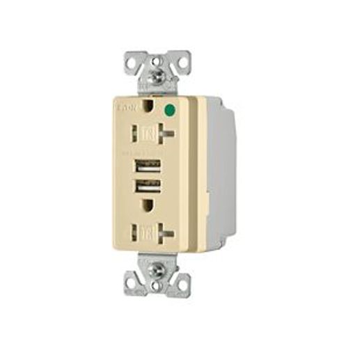 Main product image of Combo Usb Charger w/ Duplex Receptacle, 20A, Flush Mount 125V, 5 Vdc, Ivory, 2-Pole 3-Wire, TR8355V