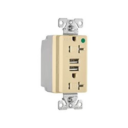 Main product image of Combo Usb Charger w/ Duplex Receptacle, 20A, Flush Mount 125V, 5 Vdc, Ivory, 2-Pole 3-Wire, TR8355V