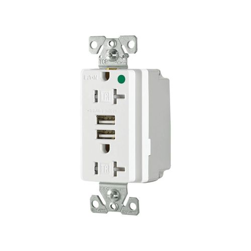 Main product image of Combo Usb Charger w/ Duplex Receptacle, 20A, Flush Mount 125V, 5 Vdc, 5-20R, 2-Pole 3-Wire, TR8355W
