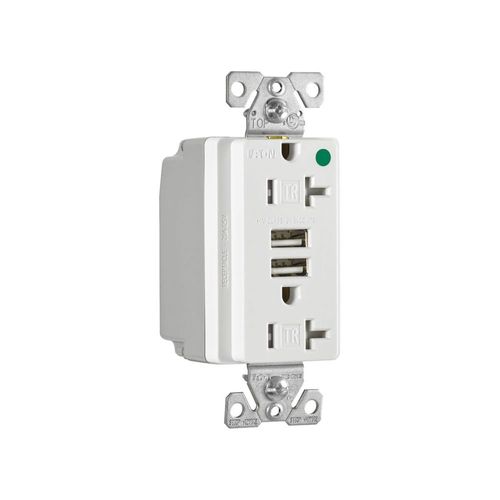 Main product image of Combo Usb Charger w/ Duplex Receptacle, 20A, Flush Mount 125V, 5 Vdc, 5-20R, 2-Pole 3-Wire, TR8355W