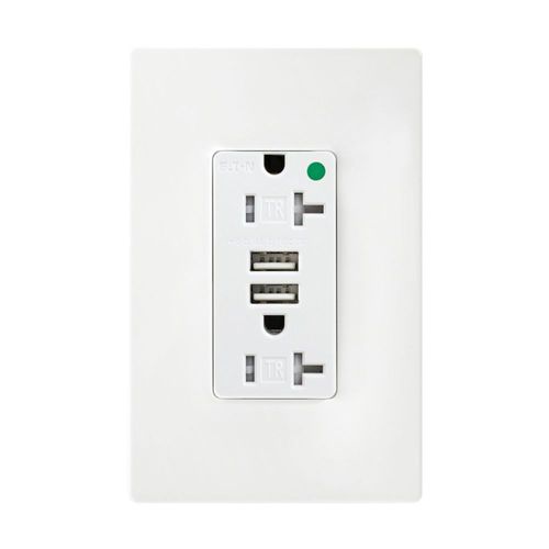 Main product image of Combo Usb Charger w/ Duplex Receptacle, 20A, Flush Mount 125V, 5 Vdc, 5-20R, 2-Pole 3-Wire, TR8355W