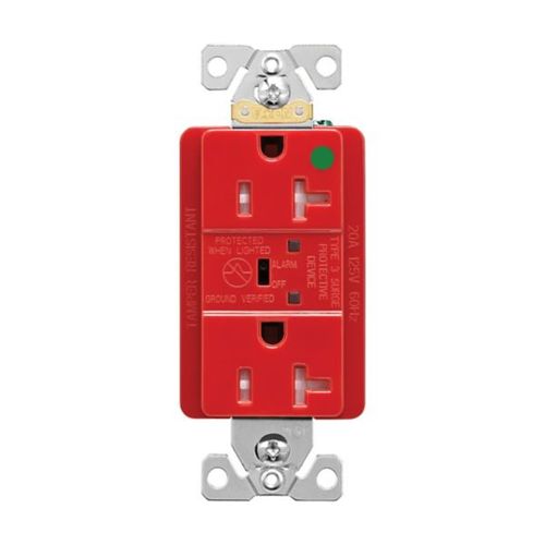 Main product image of Tvss Receptacle, Hg, Led Indicat & Alarm, #14-#10 Awg 20A, 840J, Red, Straight Blade, TR8362RDS