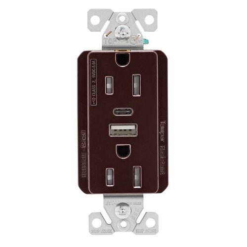Main product image of Combo Usb Type A & C Charger, 15A 5-15 R Receptacle, Brown, Usb, Flush, 2-Pole, 3-Wire, 125 V, TRUSBAC15B-BOX