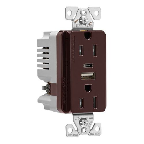 Main product image of Combo Usb Type A & C Charger, 15A 5-15 R Receptacle, Brown, Usb, Flush, 2-Pole, 3-Wire, 125 V, TRUSBAC15B-BOX