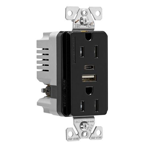 Main product image of Combination Usb Type A & C Charger, 15A 5-15R Receptacle, Black, Usb, Brass, Flush, 2-Pole, TRUSBAC15BK-BOX