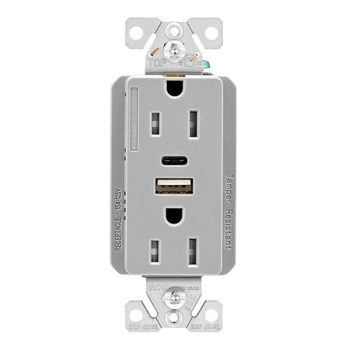Main product image of Combo Usb Type A & C Charger, 15A 5-15 R Receptacle, Grey, Usb, Flush, 2-Pole, 3-Wire, 125 V, TRUSBAC15GY-BOX