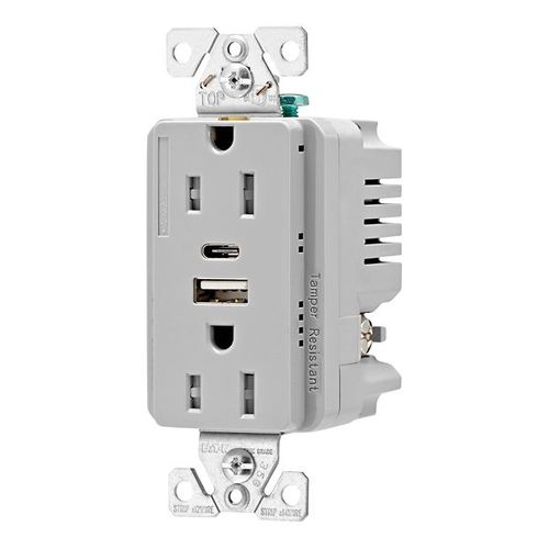 Main product image of Combo Usb Type A & C Charger, 15A 5-15 R Receptacle, Grey, Usb, Flush, 2-Pole, 3-Wire, 125 V, TRUSBAC15GY-BOX