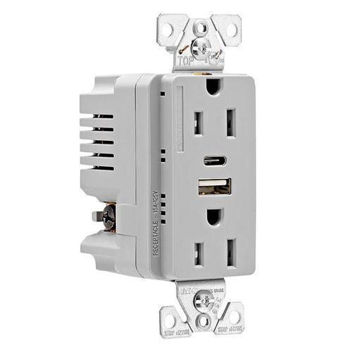 Main product image of Combo Usb Type A & C Charger, 15A 5-15 R Receptacle, Grey, Usb, Flush, 2-Pole, 3-Wire, 125 V, TRUSBAC15GY-BOX