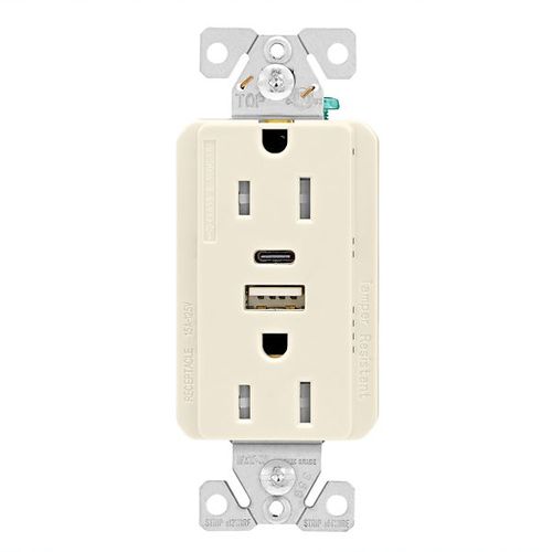 Main product image of Combo Usb Type A & Type C Charger, 15A 5-15 R Receptacle, Light Almond, Usb, 2-Pole 3-Wire, 125V, TRUSBAC15LA-BOX