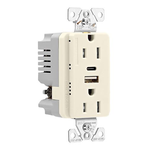 Main product image of Combo Usb Type A & Type C Charger, 15A 5-15 R Receptacle, Light Almond, Usb, 2-Pole 3-Wire, 125V, TRUSBAC15LA-BOX