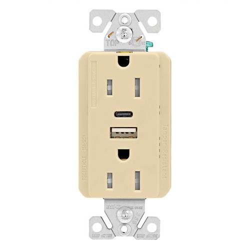 Main product image of Combo Usb Type A & Type C Charger, 15A 5-15R Receptacle, Ivory, Usb, Flush, 2-Pole, 3-Wire, 125V, TRUSBAC15V-BOX