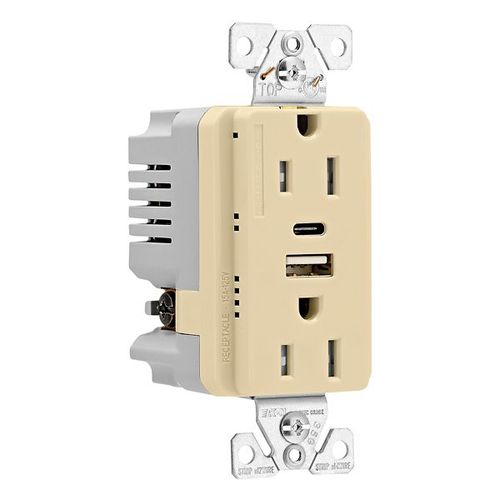 Main product image of Combo Usb Type A & Type C Charger, 15A 5-15R Receptacle, Ivory, Usb, Flush, 2-Pole, 3-Wire, 125V, TRUSBAC15V-BOX