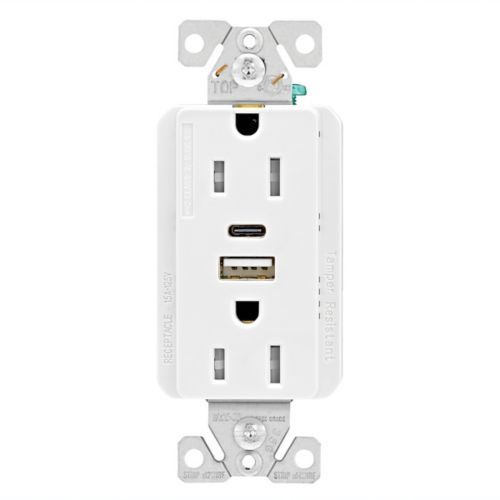 Main product image of Combo Usb Type A & C Charger, 15A 5-15R Receptacle, White, Flush, 2-Pole, 3-Wire, TRUSBAC15W-BX-L