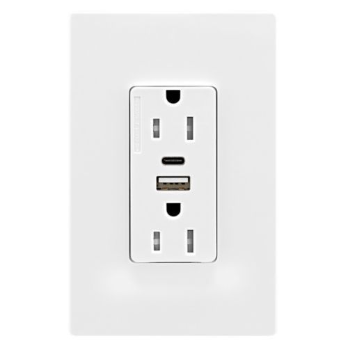 Main product image of Combo Usb Type A & C Charger, 15A 5-15R Receptacle, White, Flush, 2-Pole, 3-Wire, TRUSBAC15W-BX-L