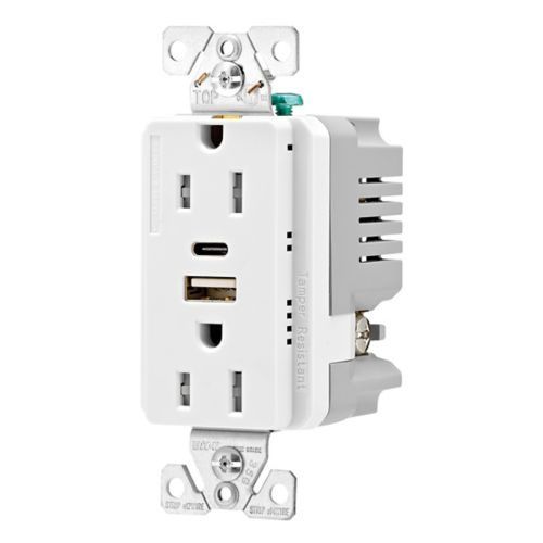 Main product image of Combo Usb Type A & C Charger, 15A 5-15R Receptacle, White, Flush, 2-Pole, 3-Wire, TRUSBAC15W-BX-L