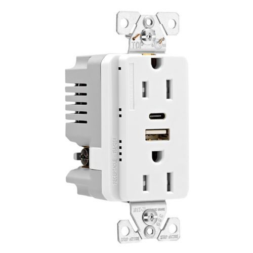 Main product image of Combo Usb Type A & C Charger, 15A 5-15R Receptacle, White, Flush, 2-Pole, 3-Wire, TRUSBAC15W-BX-L