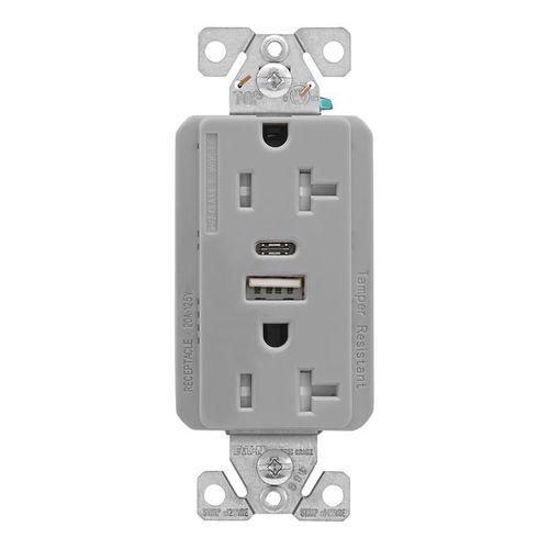 Main product image of Combo Usb Type A & C Charger, 20A 5-20 R Receptacle, Grey, Flush, 2-Pole, 3-Wire, 125V, TRUSBAC20GY-BOX