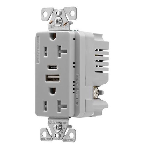 Main product image of Combo Usb Type A & C Charger, 20A 5-20 R Receptacle, Grey, Flush, 2-Pole, 3-Wire, 125V, TRUSBAC20GY-BOX