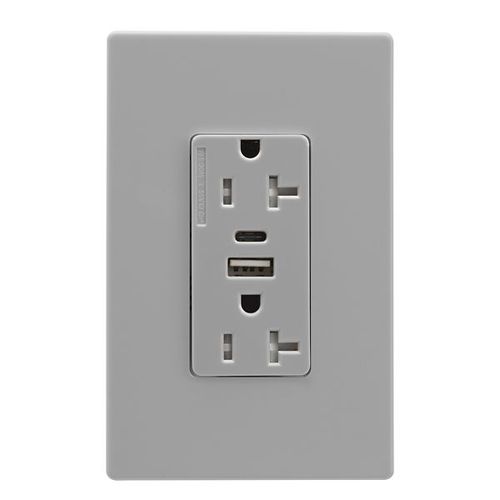 Main product image of Combo Usb Type A & C Charger, 20A 5-20 R Receptacle, Grey, Flush, 2-Pole, 3-Wire, 125V, TRUSBAC20GY-BOX