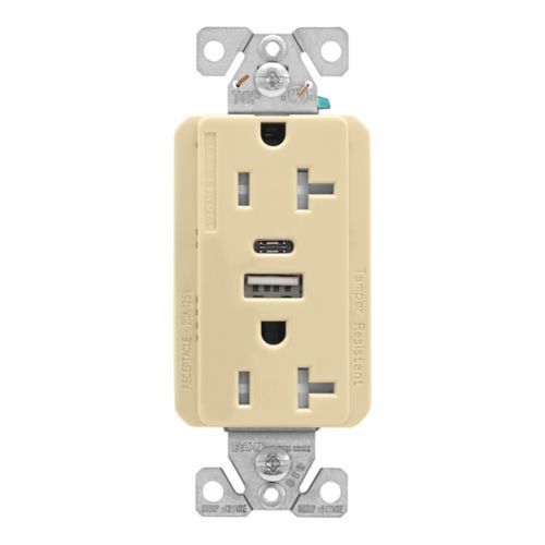 Main product image of Combo-Usb Type A & C Charger, 20A 5-20R Duplex Receptacle, Ivory, Usb, Flush, 2-Pole, 3-Wire, TRUSBAC20V-BX-L