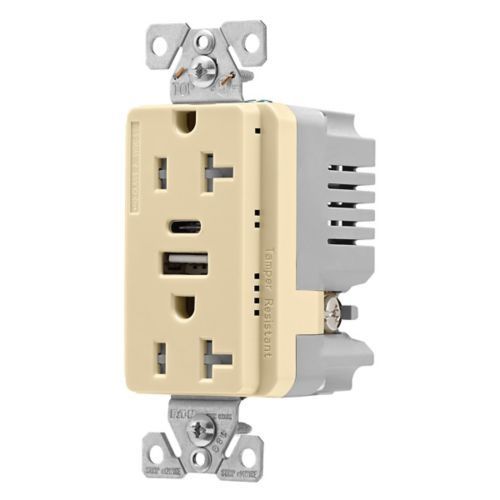 Main product image of Combo-Usb Type A & C Charger, 20A 5-20R Duplex Receptacle, Ivory, Usb, Flush, 2-Pole, 3-Wire, TRUSBAC20V-BX-L